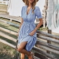 thumbnail image 6 of SnnmBlm Women's Summer Ruffle Puff Sleeve Dress Short Sleeve V Neck High Waist Casual Loose Striped Midi Dresses Royal Blue L, 6 of 6