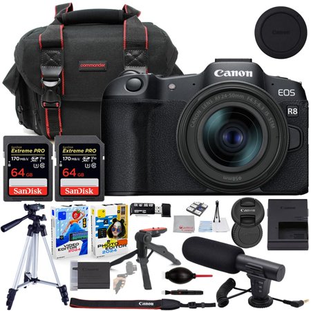 Canon EOS R8 Mirrorless Camera with 24-50mm Lens Bundle with Commander Gear Bag + Microphone + 2X 64GB Extreme Memory Cards + Accessory Kit