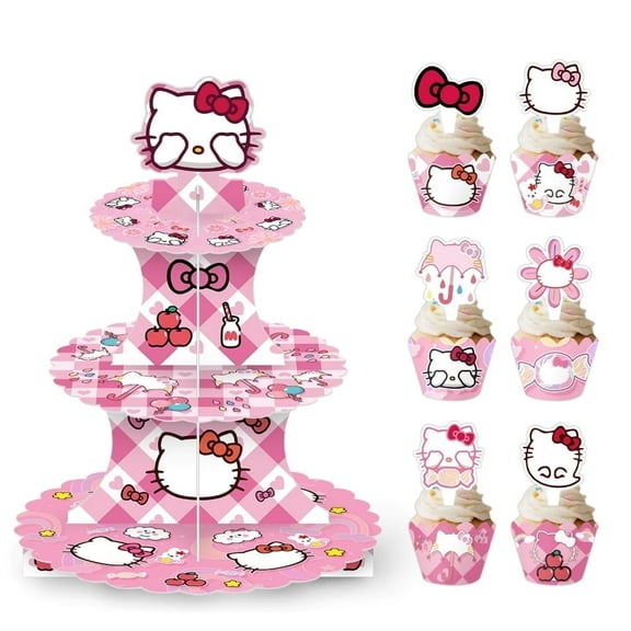 Kenvfego 3-Tier Kitty White Cartoons Birthday Cake Stand Set
