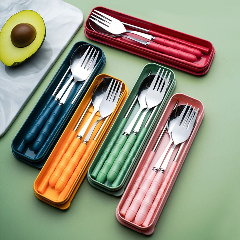 3Pcs/set Portable With Storage Box Reusable Stainless Steel Cutlery Set  Tableware Spoon Fork Chopstick Kits Dinnerware BLUE 