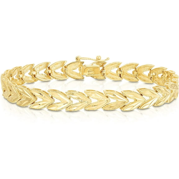 Floreo 10k Yellow Gold 7.5mm Leaf with Diamond Cut Finish Link Bracelet