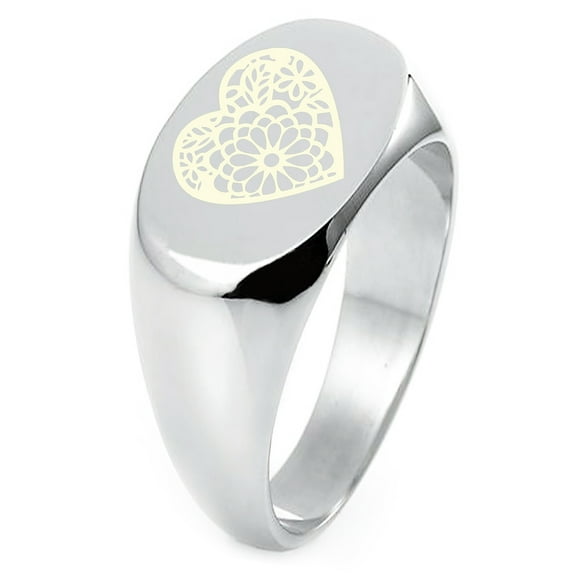 Sterling Silver Floral Lotus Heart Engraved Oval Flat Top Polished Ring