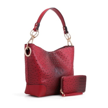 MKF Collection Wandy Women's Hobo Bag Set with Wristlet Wallet, Vegan Leather Croco Shoulder Bag 2Pcs by Mia K -Red