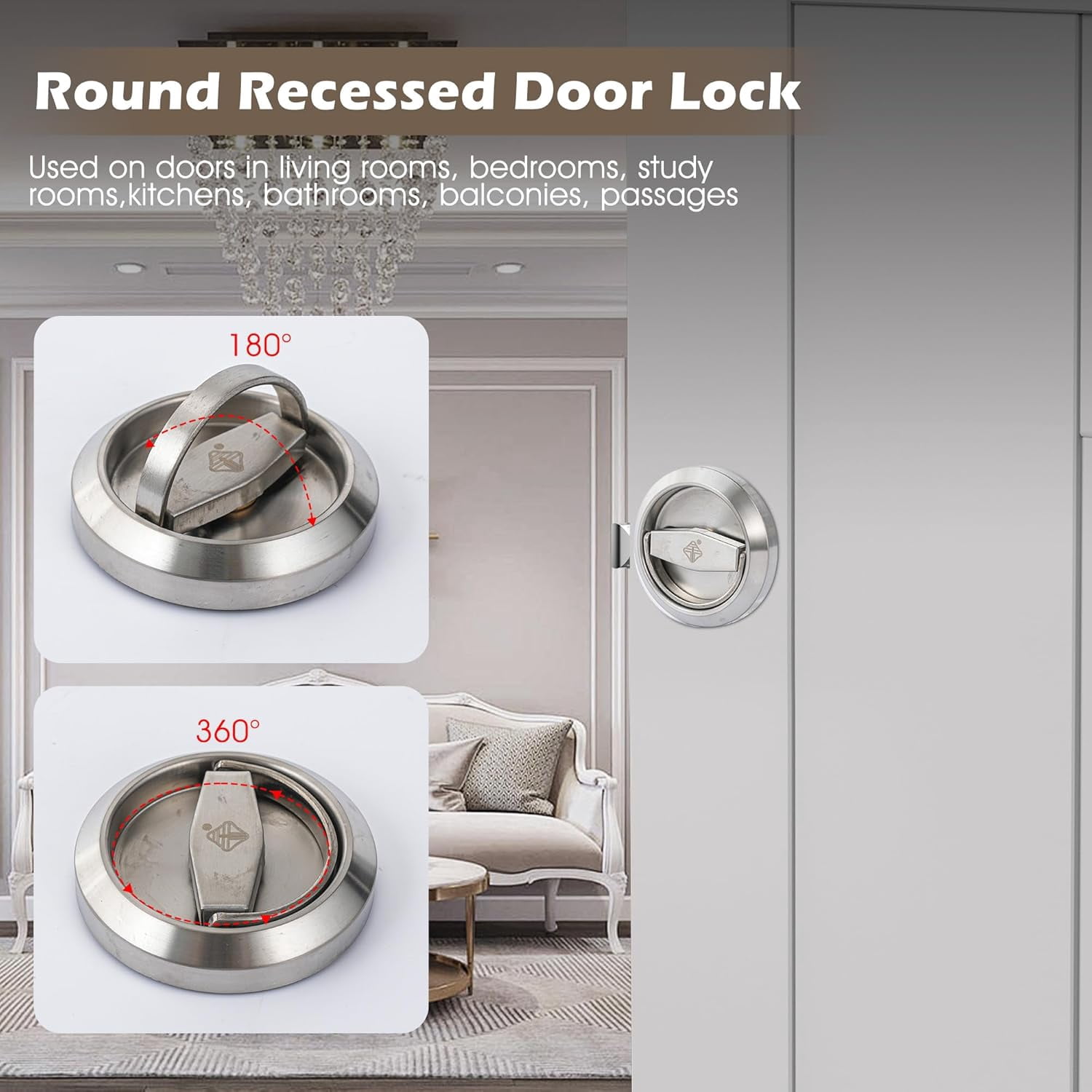 ABCISI Round Recessed Door Lock, Stainless Steel 304 Hidden Recessed Cup Door Handle, Low Profile Door Knob for Privacy Pocket Door, Flat Door Knob, Silver