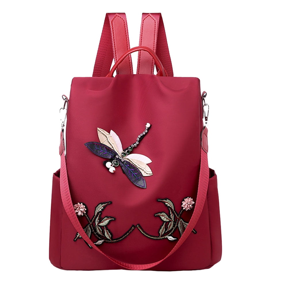 Floral Embroidered Backpack Purse, Convertible Anti-theft Daypack