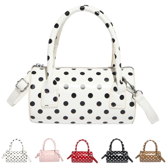 Women’s White Polka Dot Shoulder Bags Round Boston Crossbody Bag Glossy Purses Women Satchel Handbag Cute Mini Bucket Bag Trendy