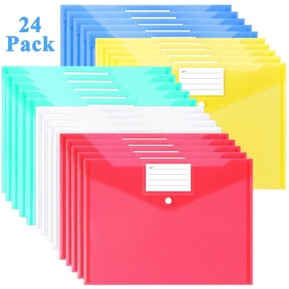 Wavraging 24 Pack Plastic Envelopes, Plastic Folders for Documents with Label Pocket & Snap Button Closure, A4 Size Clear Poly File Envelopes for Office, Home Organization Storage, 5 Colors