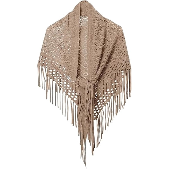 Women's Fringe Shrug Sweaters Shawl Front Warp Cardigan Hollow Out Knitted Shawl Wraps(khaki)