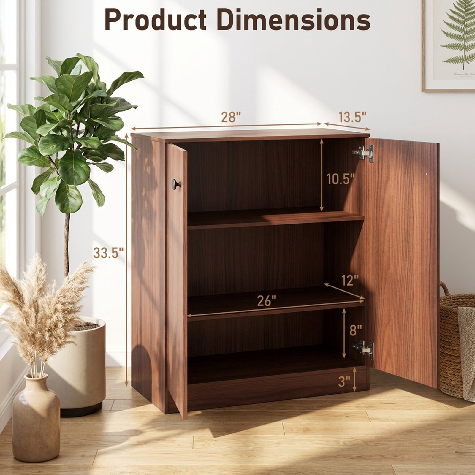 Furnibear 2 Door Modern Accent Cabinet with 3 Tier Shelf and Display Top Sideboard Buffet for Entryway Hallway and Living Room, Brown