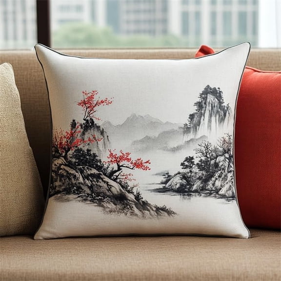 Chinese Style Latch Hook Cushion Kit,Ink Landscape,Latch Hook Kit for Beginners Adults 17x17in