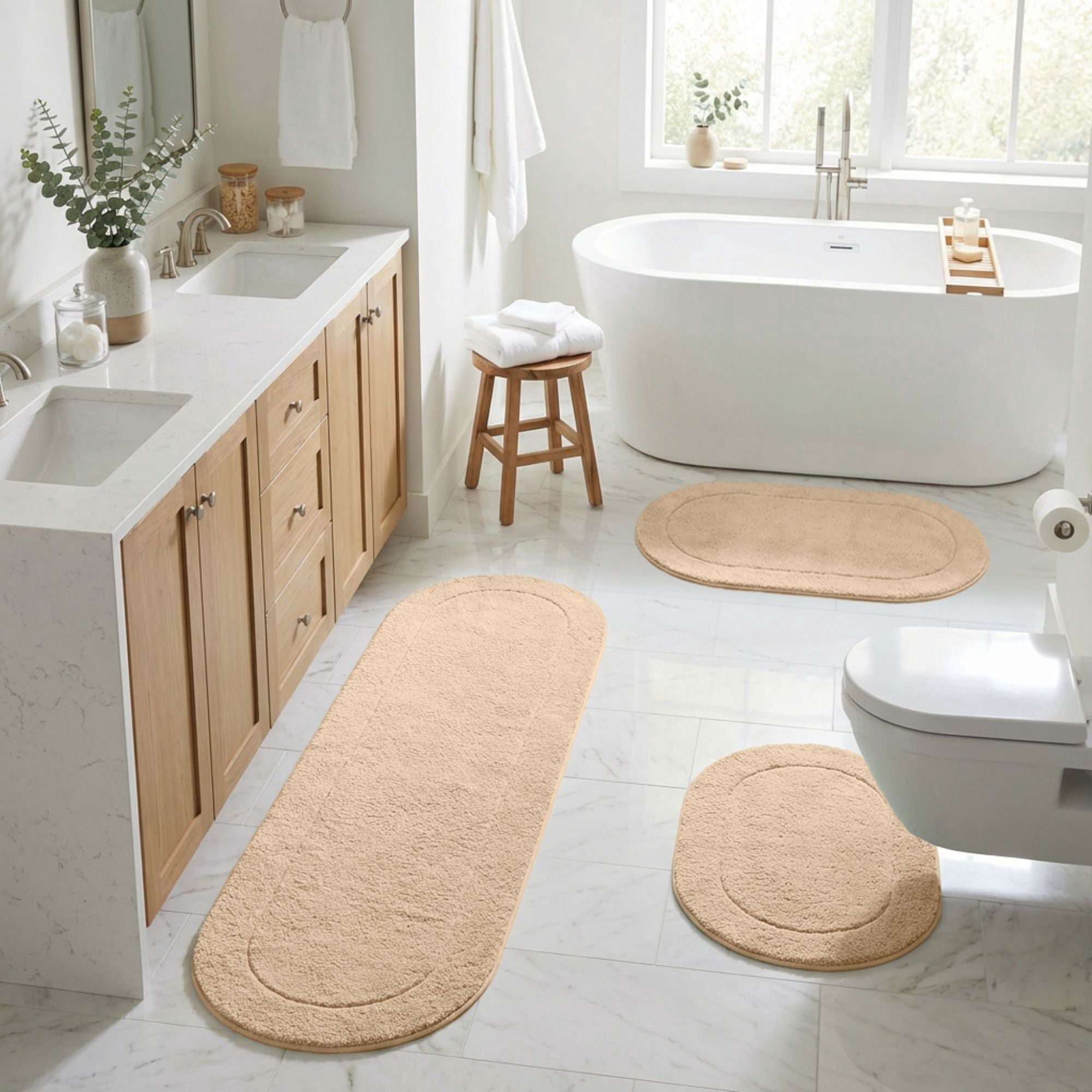 Superior Oval Non-Slip Cotton 3-Piece Bath Rug Set with Runner, Ivory