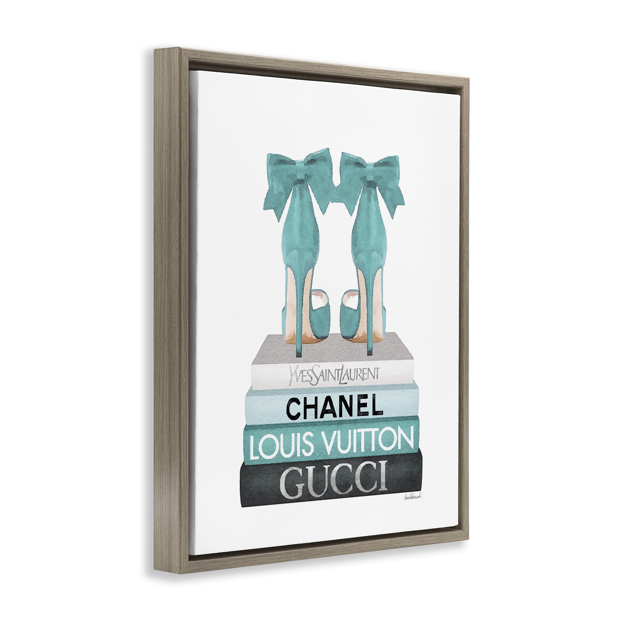 Stupell Industries Turquoise Bow Heels on Books Beauty & Fashion Painting Brown Floater Framed Canvas Art Print Wall Art, 17 x 21