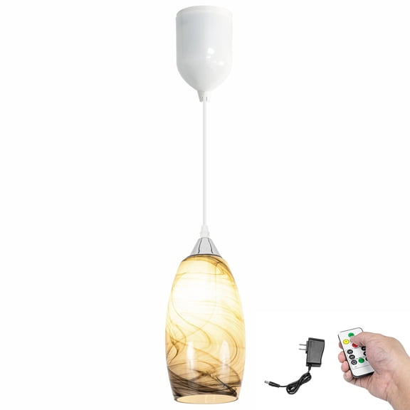 Kiven Battery Operated Pendant Light with Remote Control,1-Light Rechargeable Hanging Pendant Light Adjustable Height with Art Glass Globe for Bedroom Kitchen Bar Living Room TB3232-D