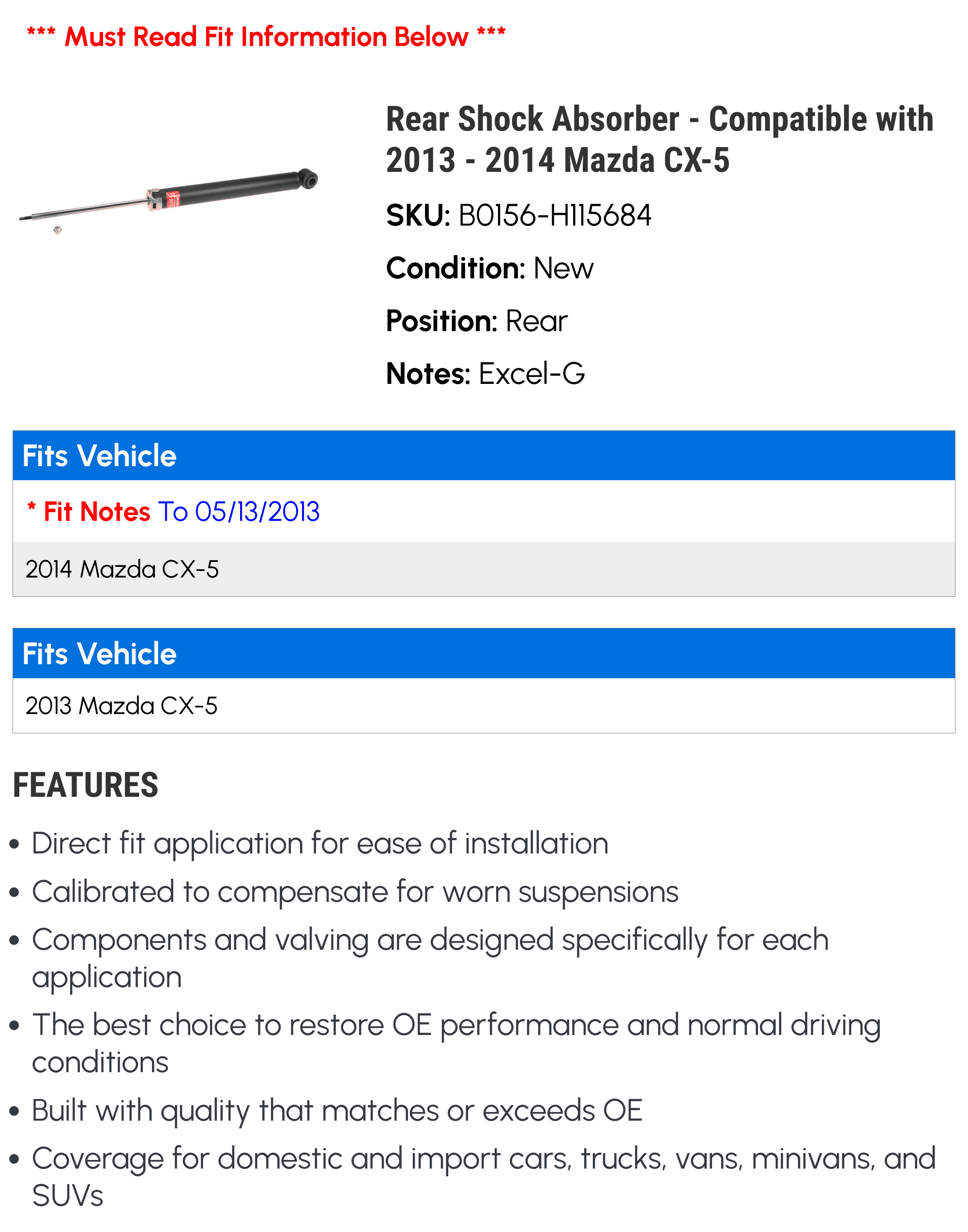 Rear Shock Absorber - Compatible with 2013 - 2014 Mazda CX-5