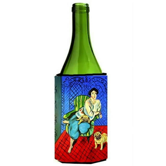Lady with her Fawn Pug Wine bottle sleeve Hugger 24 oz.