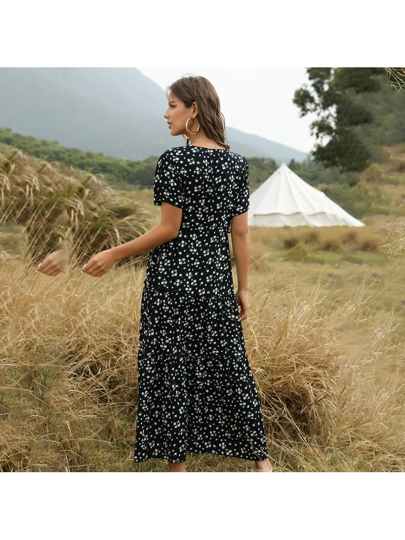 princess polly baby blue dress Hotian Women Floral Deep V Neck Drawstring Waist Tiered Vacation Beach Maxi  Dress Navy Blue L/US8-US10