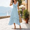 thumbnail image 4 of Women's Deep V Spaghetti Strap Midi Dress, Solid Ruffle Irregular Hanky Hem Flowy Sleeveless Long Dress Light Blue XL(XL), 4 of 5