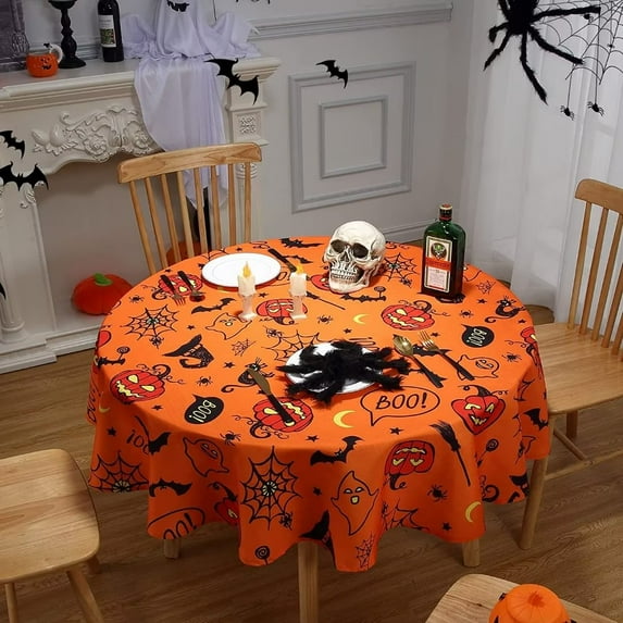 Haperlare 60" Round Halloween Tablecloth Waterproof Washable Tablecloth Scary Themed Table Cover for Holiday Dinner Party Decoration, Orange