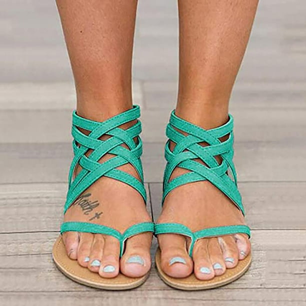 SMihono Womens Sandals 2023 Fashion Flat Zipper Open Toe Wide Width Sandals  Women Comfortable Roman Beach Slip-On Plus Size Sandals Women Dressy