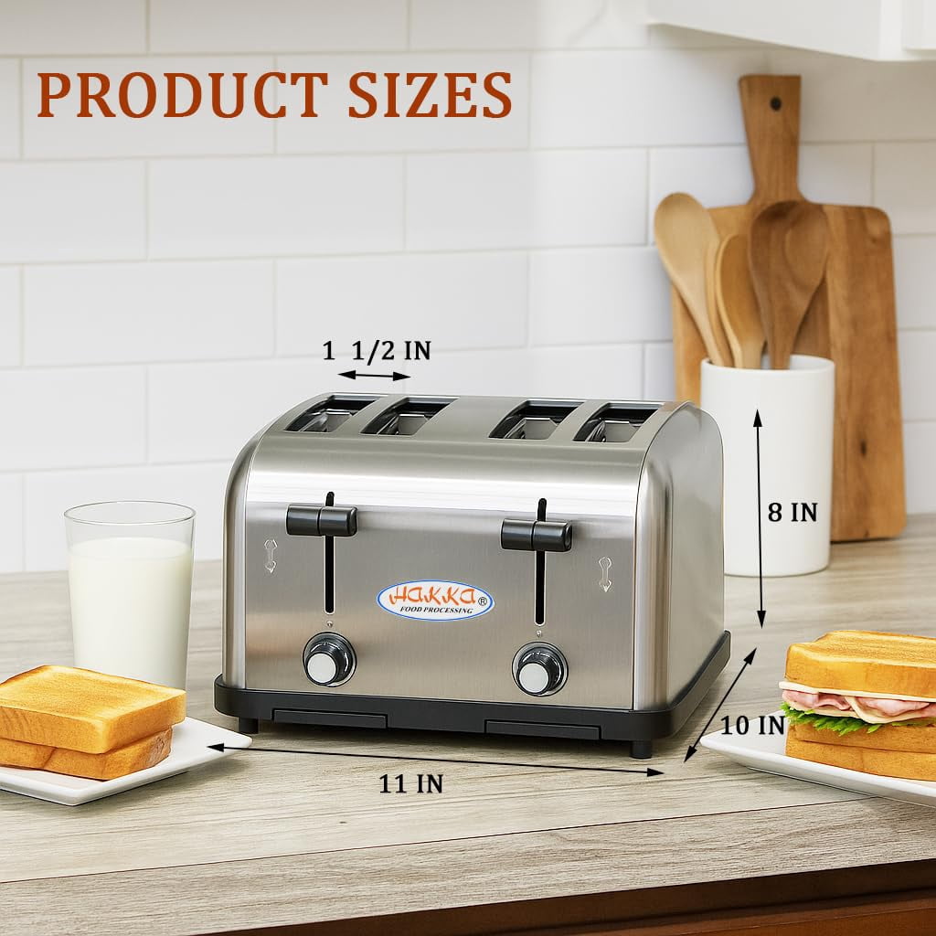 Hakka 4-Slice Commercial Toaster 1800W Stainless Steel with 1.5-Inch Wide Slots and 2 Crumb Trays