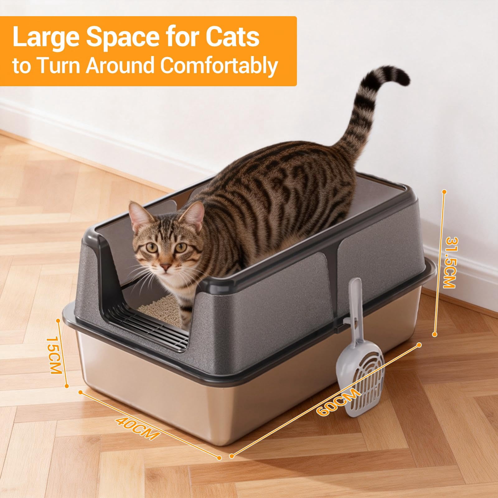 Stainless Steel Cat Litter Box with Lid and Scoop 60x40x31.5CM, Easy to Clean Cat Litter Trays, High Sided, Non-Stick, Leak-Proof Metal Cat Litter Box for Cats,Black