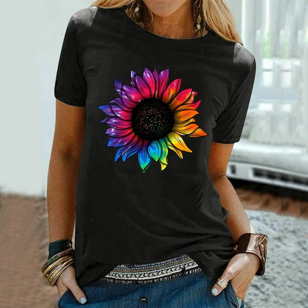 Gibobby Playera Manga Corta para Mujer Camiseta informal con estampado de flores para mujer camiseta de manga corta con cuello redondo camiseta elegante Negro M Walmart en linea