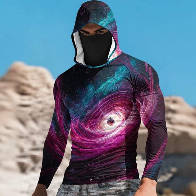 Ceisia Black Hole Galaxy Print Hooded Top Men's Slim Fit Long Sleeve UV Protective Face Mask Shirt Hot Pink M Gifts