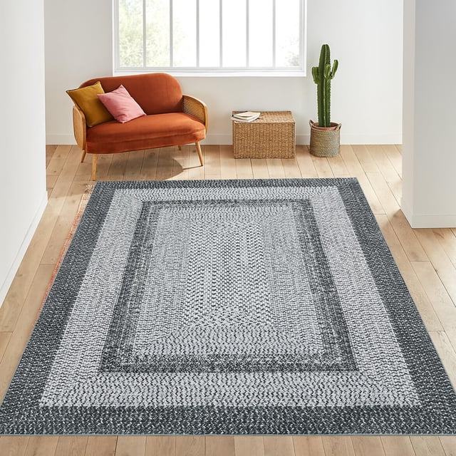 TROPOW Washable Area Rugs Modern Braided Print Rug Washable Rug Soft Bedroom Rug Non-Slip Non-Shedding Floor Carpet Low Pile Foldable Thin Rug for Dining Room Home Office Nursery