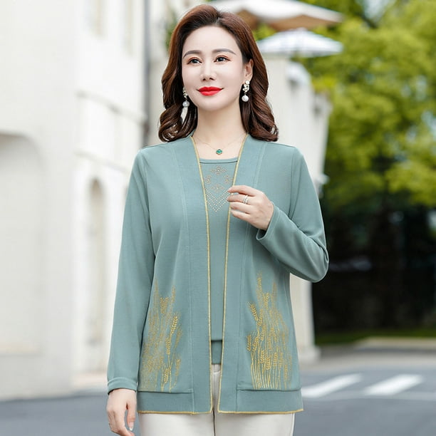 Ropa de mujer de mediana edad y mayor, cárdigan de punto nuevo de primavera, abrigo de dos piezas, ropa interior, traje, ropa joven