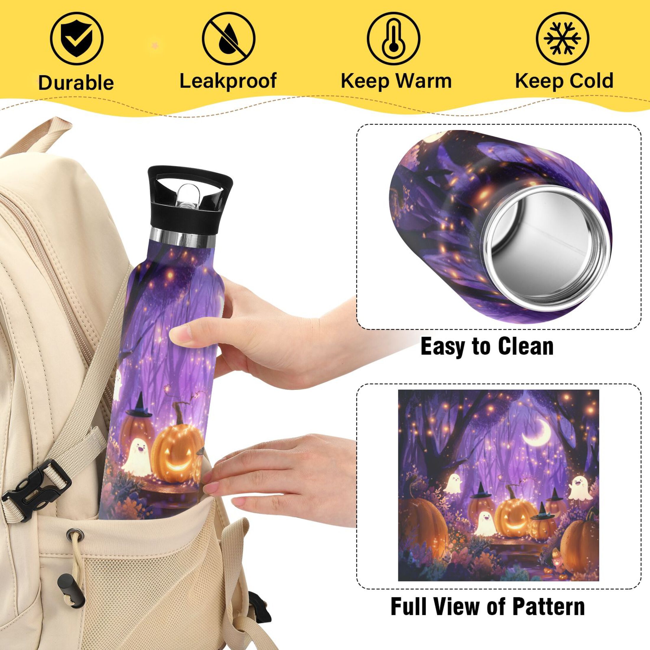 Kids Insulated Stainless Steel Sports Water Bottle 600ml (20oz) Whimsical Cartoon Halloween Scene