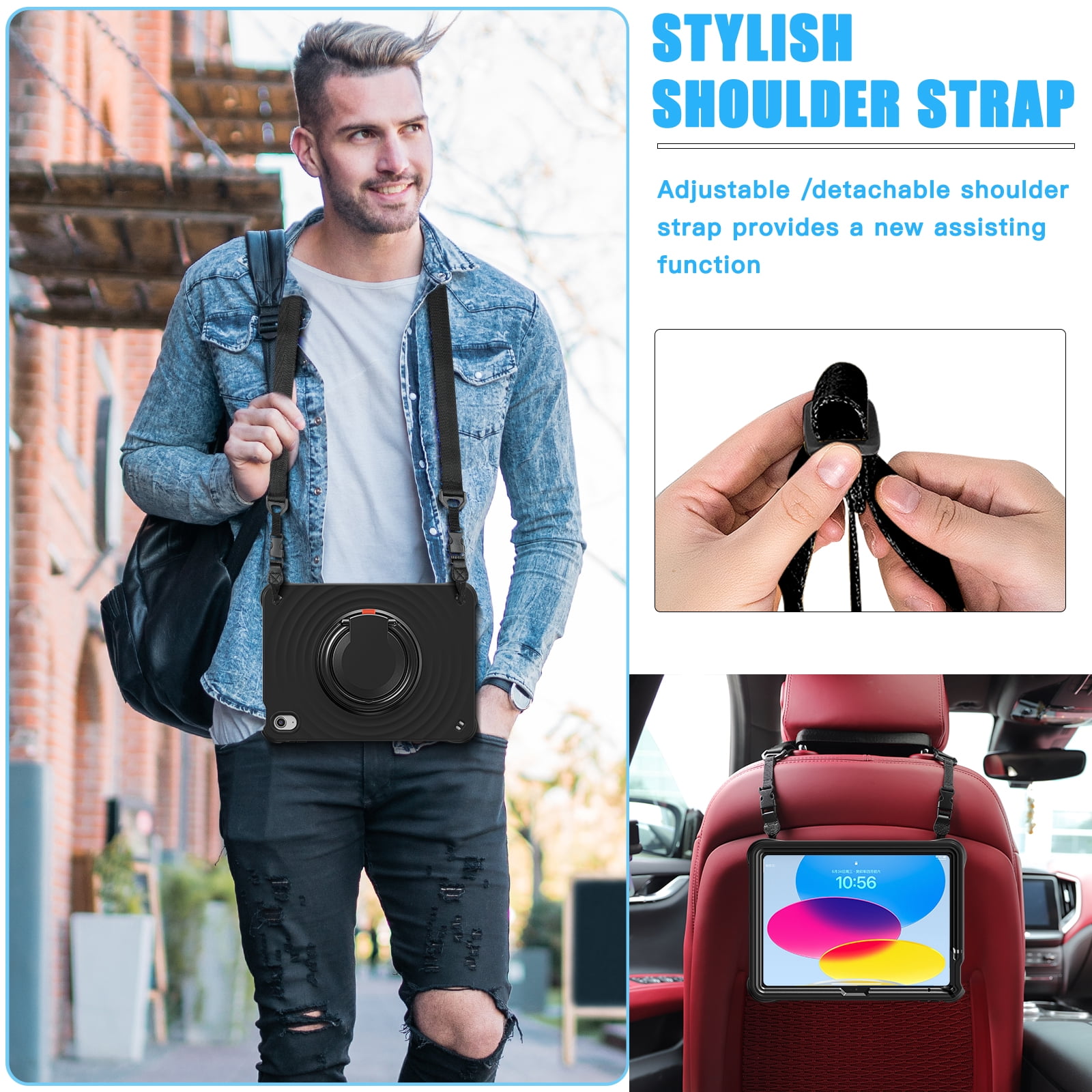 ELEHOLD Case for Apple iPad 10th Gen, Portable Hybrid Shockproof iPad Case with Pencil Holder & Hanging Ring Handle Rotatable Kickstand,Black