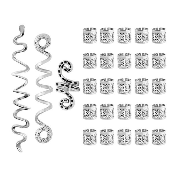 Kit de 28 accesorios para rastas, joyas para el cabello, trenzas de cola de caballo, barba y cabello. Plata