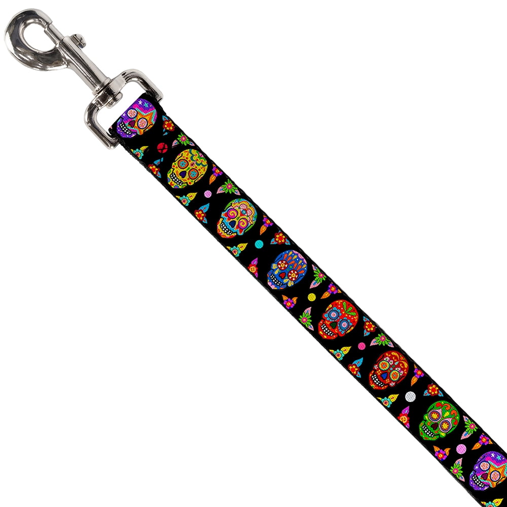 Thaneeya McArdle Pet Leash, Dog Leash, Colorful Calaveras Black Multi Color, 4 Feet Long 1.0 Inch Wide