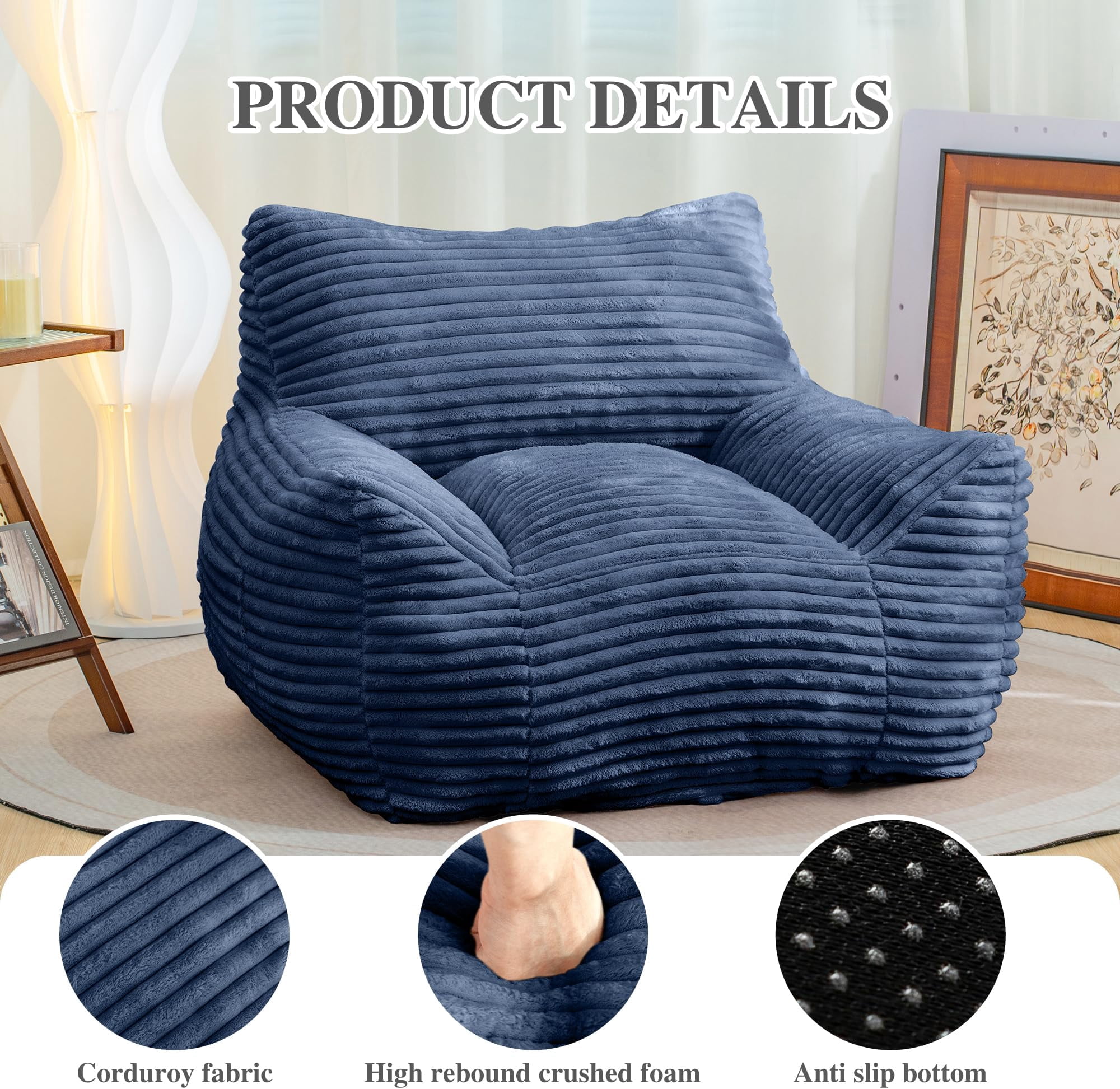 JESTOP Bean Bag Chair for Adults with Armrests, Lazy Floor Sofa Cozy Single Cloud Mini Couch, Corduroy Reading Chair for Living Room Bedroom