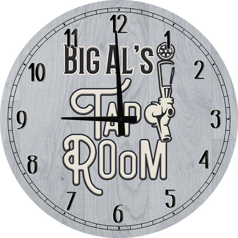 Wood Wall Clock 18 Inch Round Personalized Tap Room Beer Handle Round Small  Battery Operated Gray Wall Art 