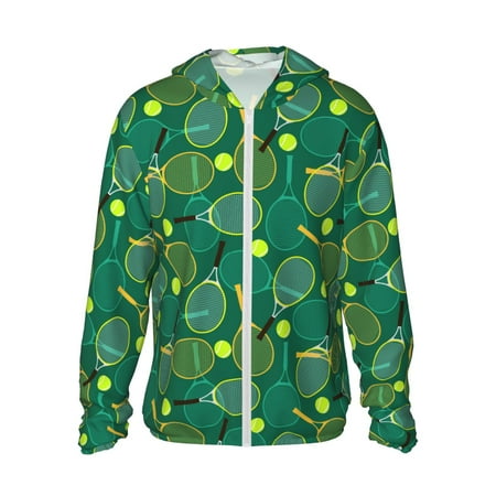 Sigee Tennis Rackets and Balls Print UPF50+ Men s Sun Protection Hoodie Shirt SPF UV Shirt Long Sleeve Fishing Outdoor Lightweight S-3XL