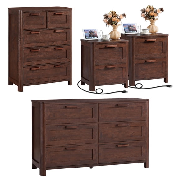 Leyaoyao 4 Pieces Bedroom Set, 5/6 Drawers Dresser and 2 Charging Nightstand, Farmhouse Bedroom Dresser Sets for Bedroom, Living Room, Walnut
