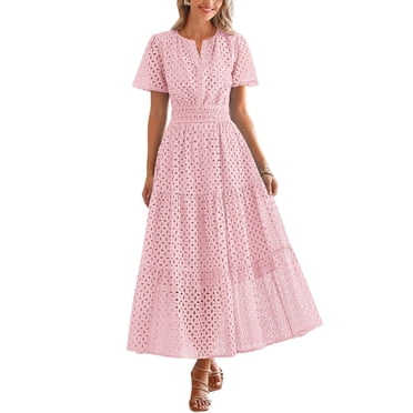 PRETTYGARDEN Womens Summer Maxi Dress Short Sleeve V Neck Hollow Out Eyelet A Line Long Flowy Beach Vacation Dresses