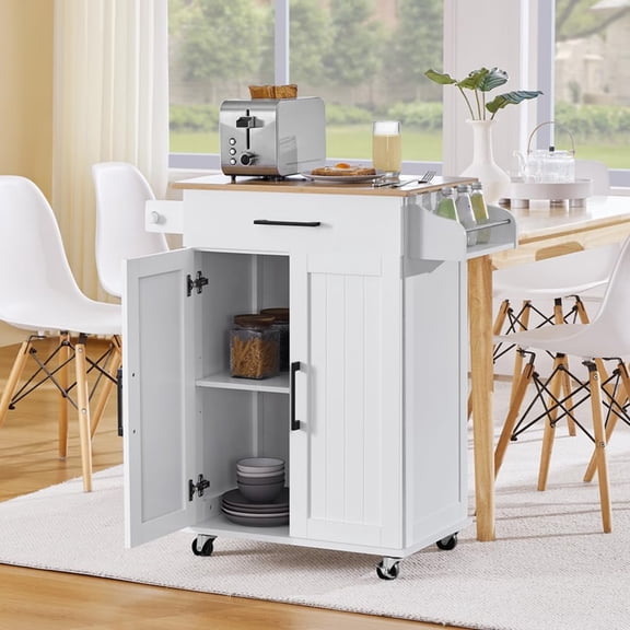 32 Inches Kitchen Island Cart with Storage Cabinet, Drawer, White , Small Kitchen Island on Wheels with Adjustable Shelf, Spice Rack, Towel Bar