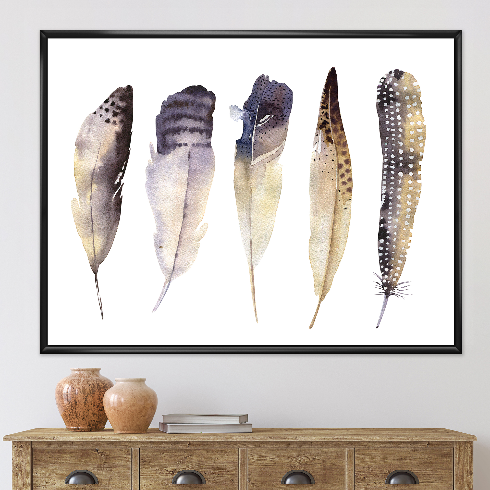 Designart 'Dark Gray Feathers Boho Ethnic II' Bohemian & Eclectic Framed Canvas Wall Art Print