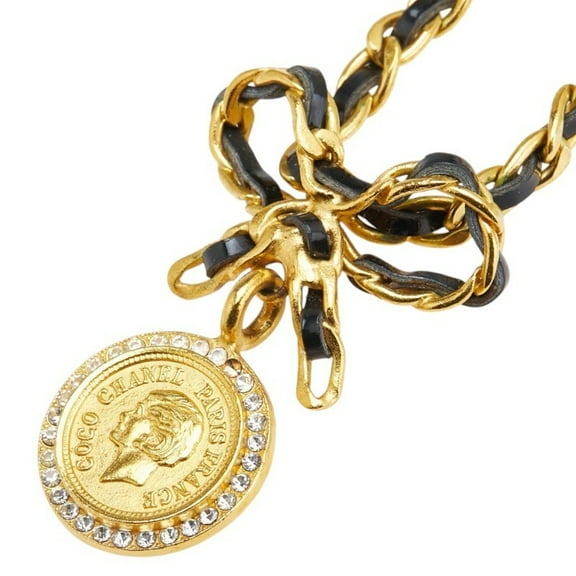 Pre-Owned Vintage Chanel coin ribbon rhinestone choker necklace, gold plated, for... (Good)