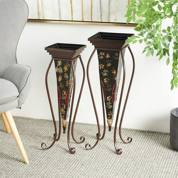 Metal Indoor Outdoor Planter Large Planter Pot with Scroll Stand, Set of 2 Planters 30", 28"H, Brown