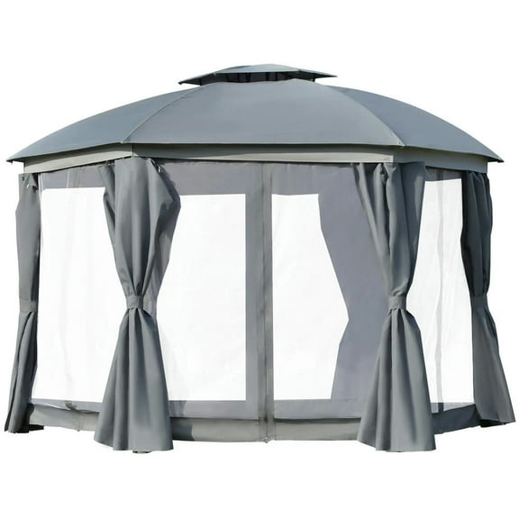 Resenkos Outdoor Garden Gazebo, Sunshade Gazebo Canopy,12' x 12' Round Outdoor Gazebo with Double Roof, Netting Sidewalls and Curtains, Zippered Doors,Grey