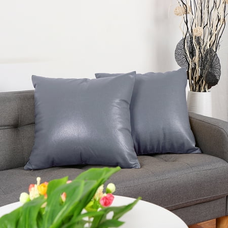 Pack of 2 Faux Leather PU Pillow Covers, Decorative Square Throw Cushion Covers for Couch Sofa Bed, 18" x 18", Gray