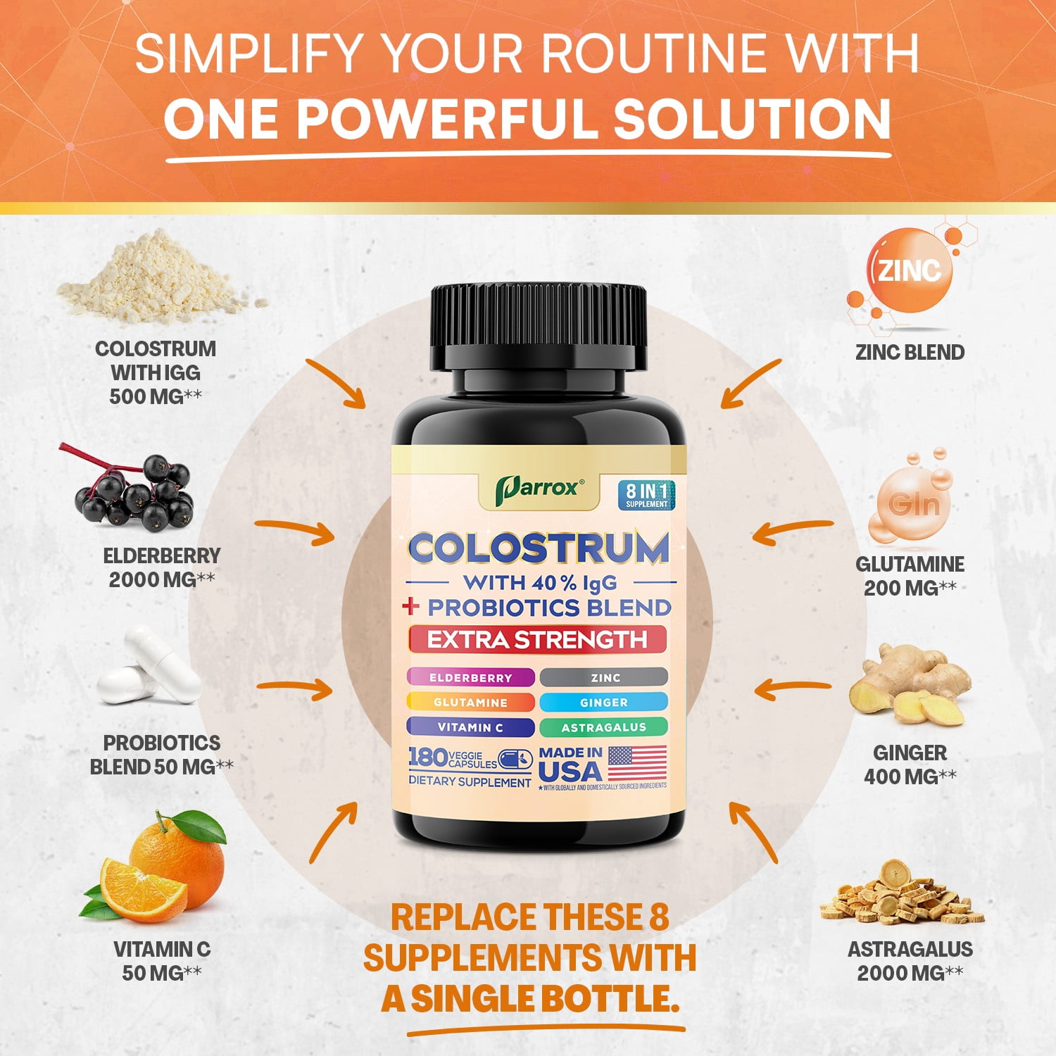 Parrox Colostrum Supplement Capsule, Grass Fed Cow Colostrum with 40% IgG, Probiotics Blend, Elderberry, Astragalus, Zinc, Ginger, Vitamin C, L-Glutamine, 8 in 1 Extra Strength Bovine Boost(180 Caps)