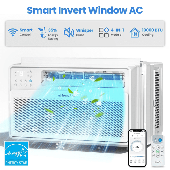 Uhomepro 8000 BTU Smart Inverter Window Air Conditioner, Cools 350 Sq.Ft with 4 Modes, Washable Filter, 35% Energy Saving, App/Remote and LED Control, 42 dB Noise for Living Room, Easy to Install