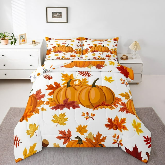 YST Ensemble de Douillette Vintage Citrouille Simple, Ensemble de Literie de l'Action de Grâce pour Enfants Garçons Filles, Couette Réversible Feuilles d'Érable, Courtepointe d'Automne avec 1 Taie d'Oreiller Légère