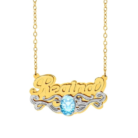 Personalized Sterling Silver or 14K Gold Over Sterling Silver Oval-Shaped Birthstone Nameplate Necklace with Beading and Rhodium on Tail with an 18 inch Link Chain