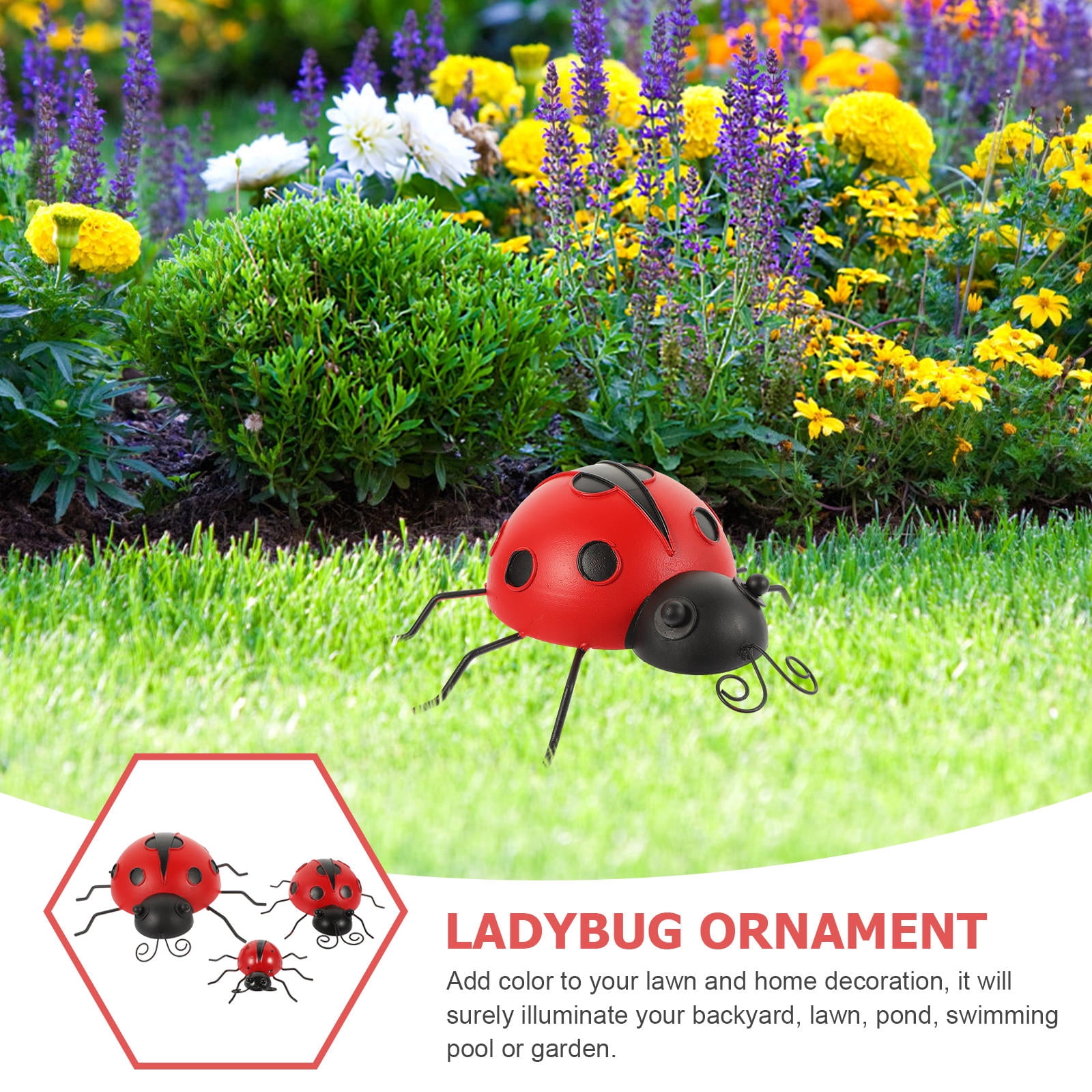 NUOLUX 3Pcs Simulation Red Ladybug Decor Iron Art for Garden and Terrace