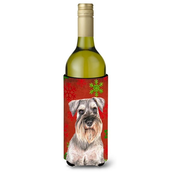 Carolines Treasures KJ1186LITERK Red Snowflakes Holiday Christmas Schnauzer Wine Bottle Hugger Wine Bottle multicolor